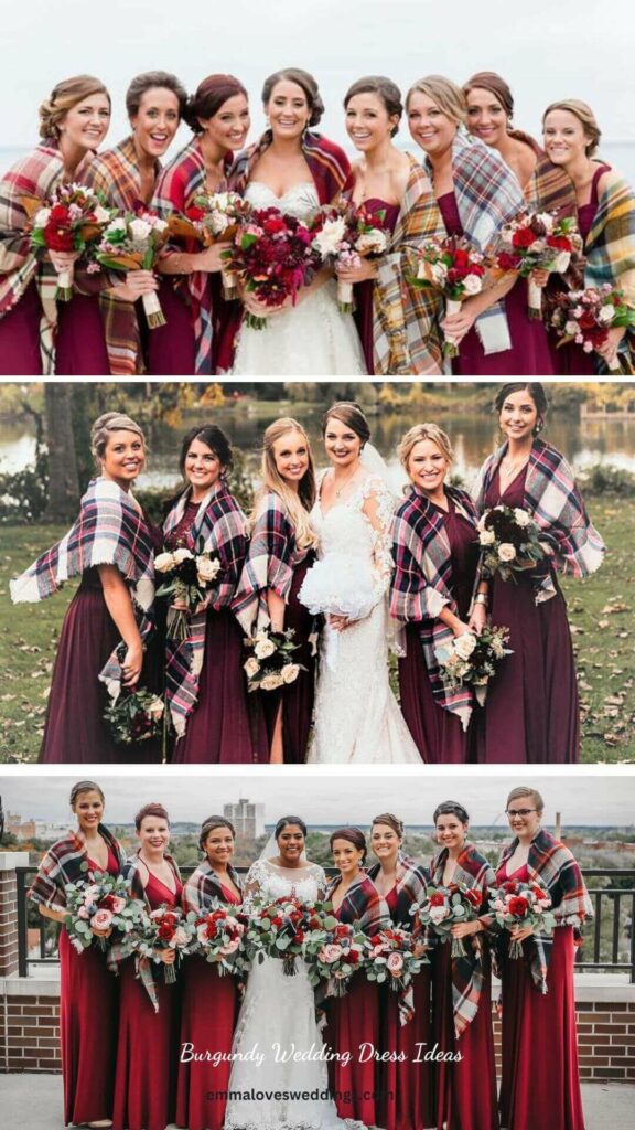 Bridesmaids in burgundy wedding dresses and a plaid shawl create a chic ensemble
