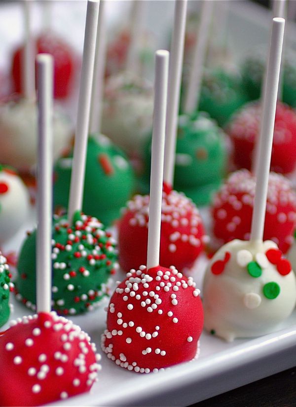 Christmas themed wedding cake pops frosted with chocolate cheesecake cream