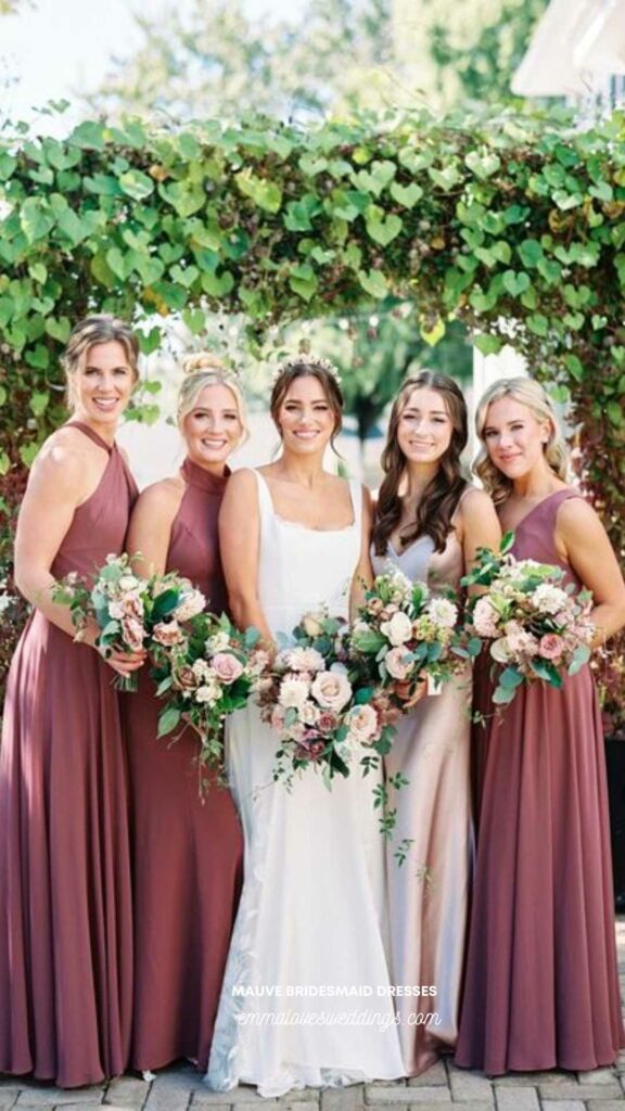 Consider mauve for your bridesmaids to add a splash of color to your wedding its a daring idea.