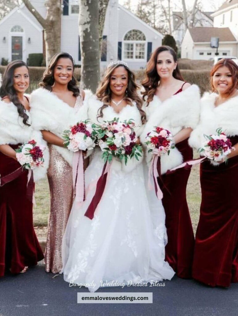 Cozy and beautiful in a wedding dress in burgundy. A bridesmaid dressed in a velvet gown is a beautiful choice for a winter wedding.
