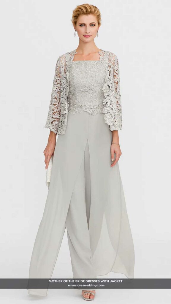 Dress for the mother of the bride in the pattern of a pantsuit with a jacket