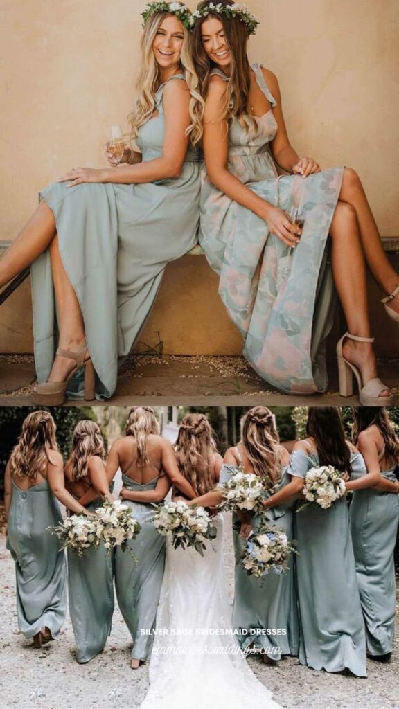 Dresses for the bridesmaids in the color silver sage are delicate and airy.