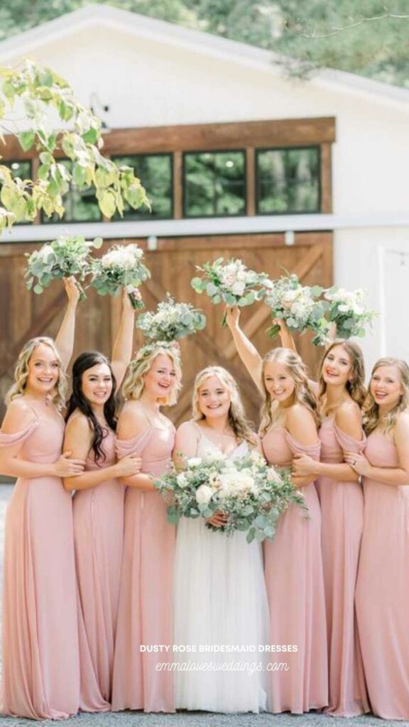 Dusty rose color with a white and green bouquet would be a beautiful idea for bridesmaid dresses.