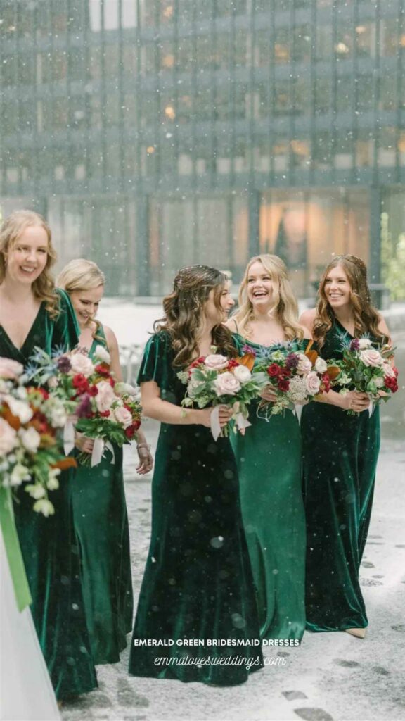 Emerald green bridesmaid dresses accented with a colorful bouquet