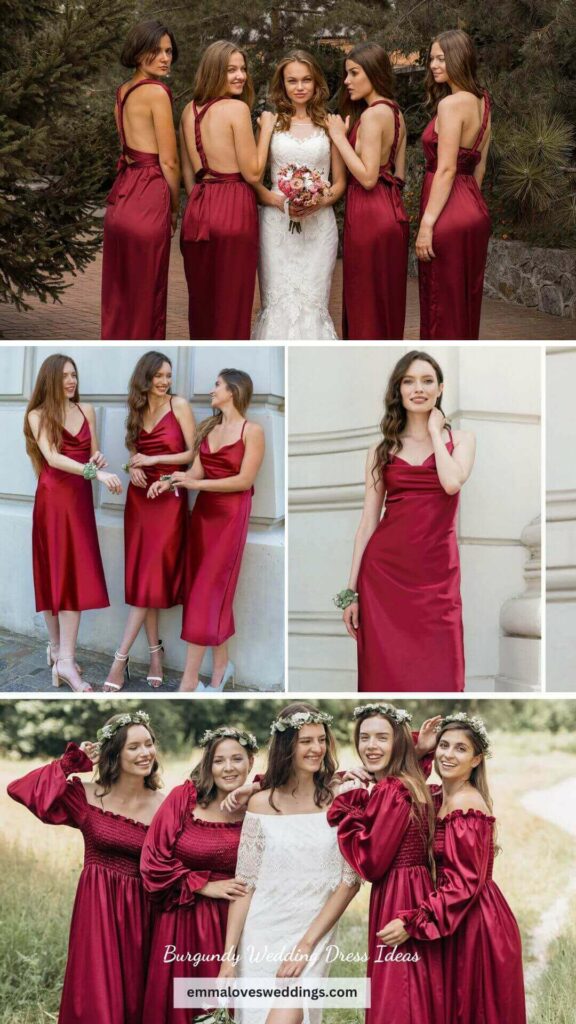 Everyone in the bridal party will look gorgeous in these silk burgundy wedding dresses