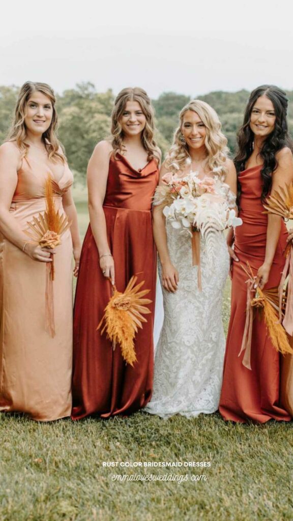 For a rustic wedding, earthy-colored bridesmaid dresses are a great idea