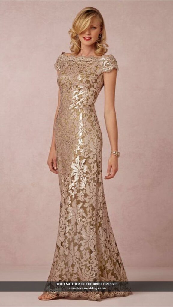For the mother of the bride this gold sequinned boatneck dress is the perfect mix of glitz and classic style.