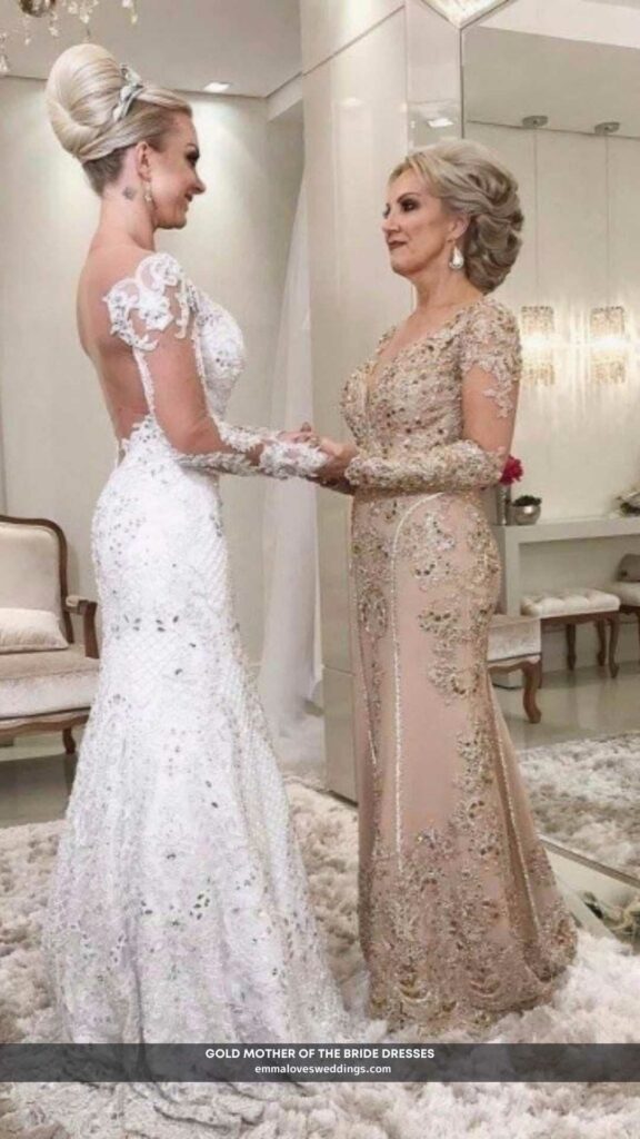 Gold mother of the bride dresses with long sleeves and lace