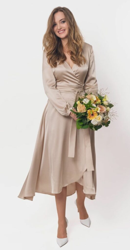 I am really charmed by this champagne silk bridesmaid wrap dress with sleeves