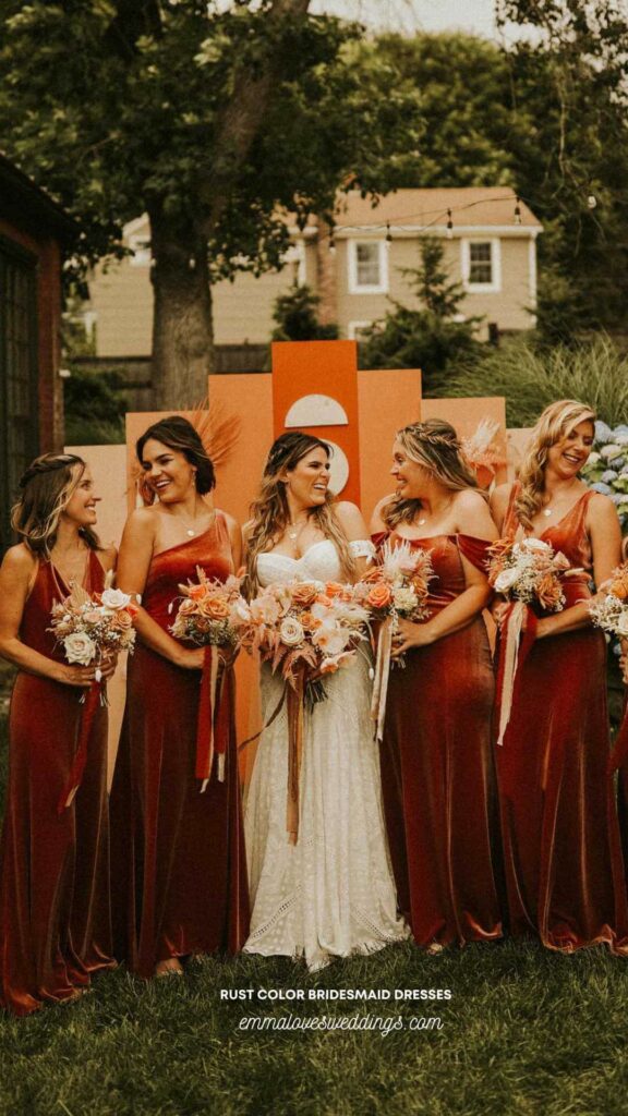 If you're having a country or rustic wedding, cinnamon is the perfect color for your bridesmaid dresses.