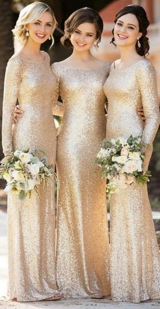 Its impossible to overstate the beauty of this champagne gold bridesmaid dress adorned with sparkling sequins.