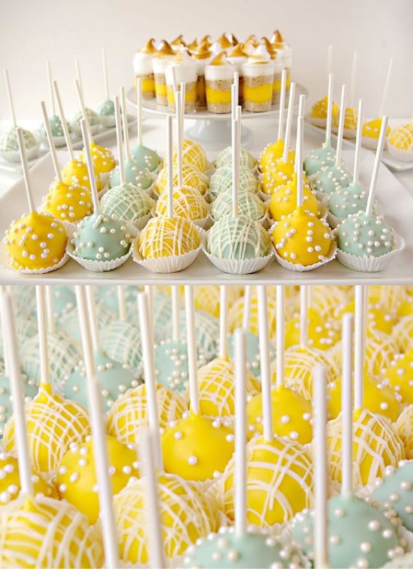 Lemon cream cheese wedding cake pops is a chic idea for blue themed wedding