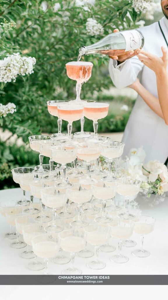 Perfect for a wedding with a pink and white color theme, this champagne tower is elegant and sophisticated.