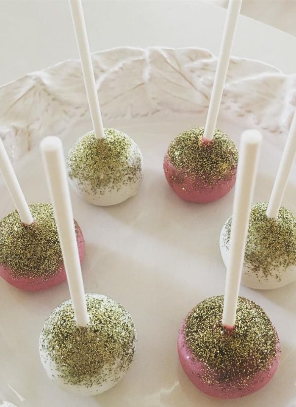 Pink and white cake pops with gold glitter