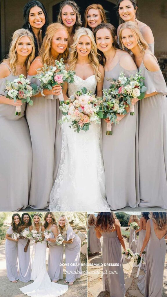 Regardless of the time of year, dove grey color is a great option for bridesmaid dresses.