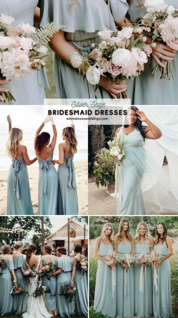 Silver sage bridesmaid dresses are a timeless colors that can incorporate elements of nature into your big day