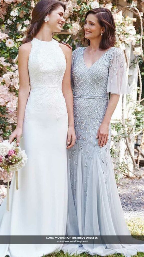 Stunning long lace mother of the bride dresses are ideal for a fall wedding.