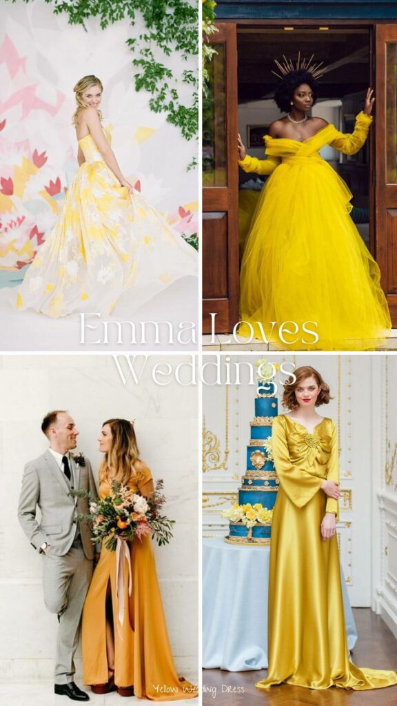 Stunningly beautiful is this yellow wedding dress with its draped bodice and pleated skirt and train.