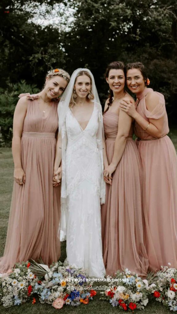 Stylish color inspiration for an intimate wedding a boho bride dusty rose bridesmaid dresses