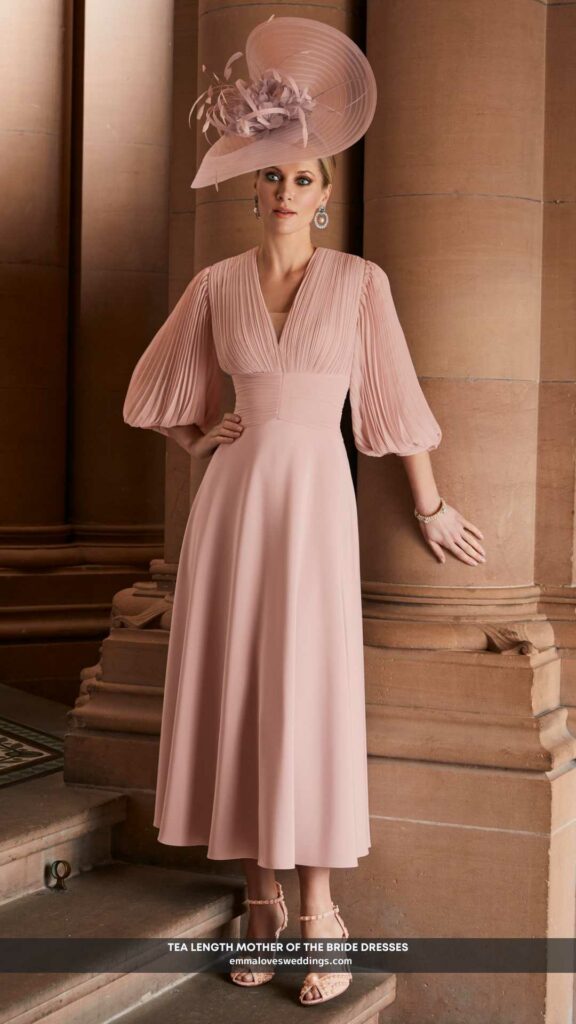 Tea length blush A-line mother of the bride dresses are really lovely.