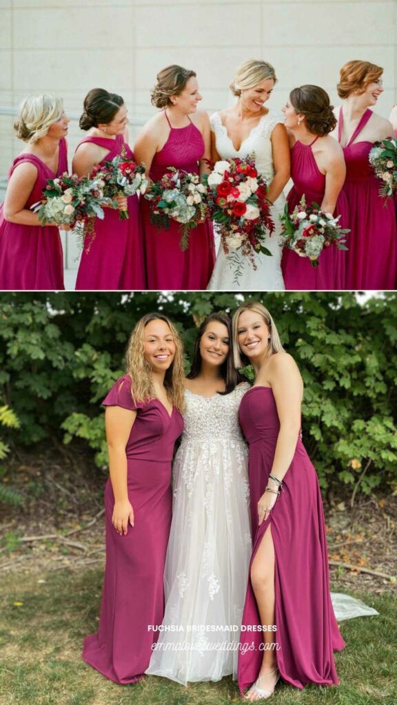 The bridesmaid dresses in bright fuchsia color set a joyful summery tone.