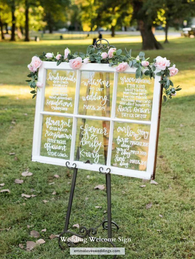 The finishing touch to your wedding ceremony would be a beautiful welcome sign set in a glass and wood frame.