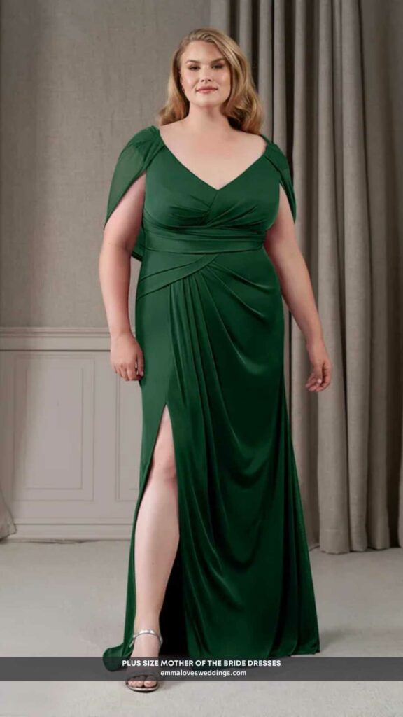 The idea of a plus size mother of the bride dress in a dark green color that is floor length is chic.