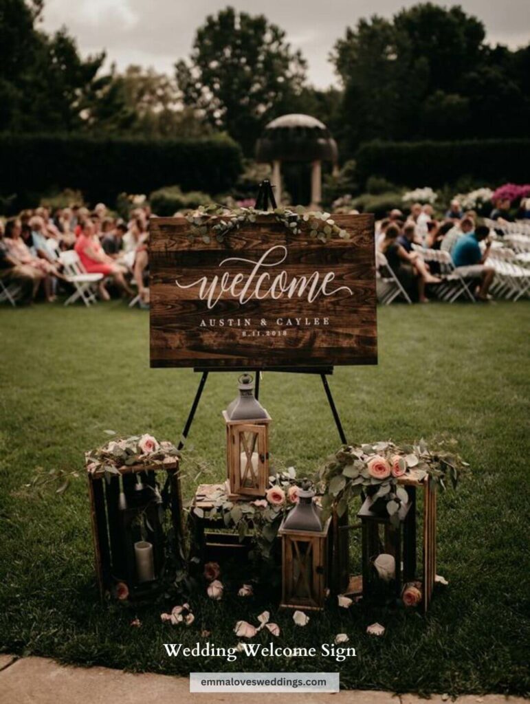 The wedding lantern and rustic wooden welcome sign is a pretty cool idea.