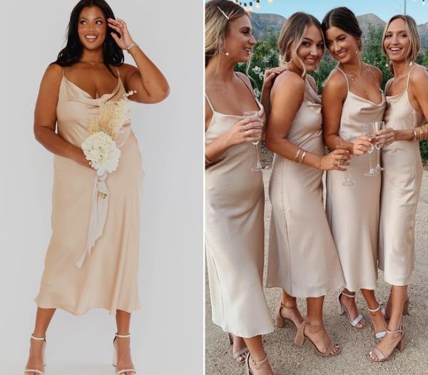 There is no doubt that this champagne color satin or silk cowl neck plus size bridesmaid dress with a draping slip is the dress of your dreams