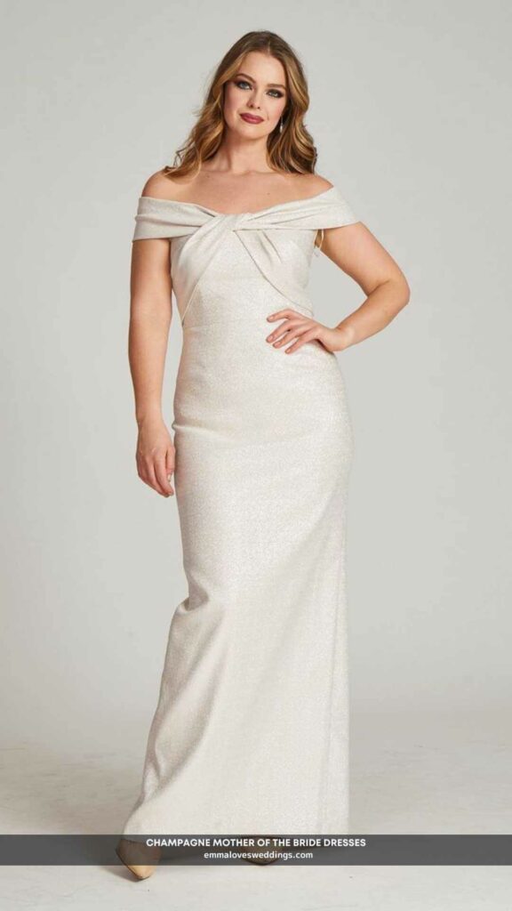 This beautiful champagne mother of the bride dress is both flattering and glamorous