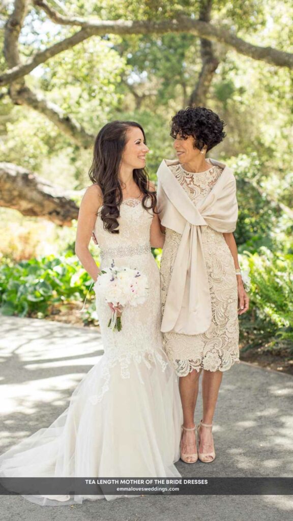 This elegant mother of the bride dress in beige with lace and tea length is very breathtaking.