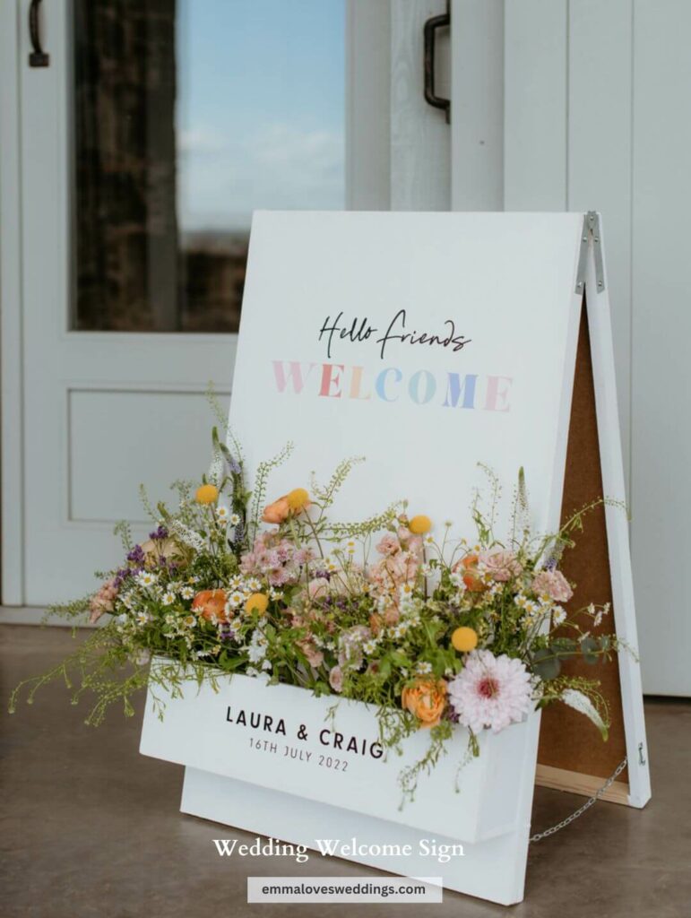 Wedding on a cute white background A colorful floral welcome sign is ideal for a small intimate wedding.