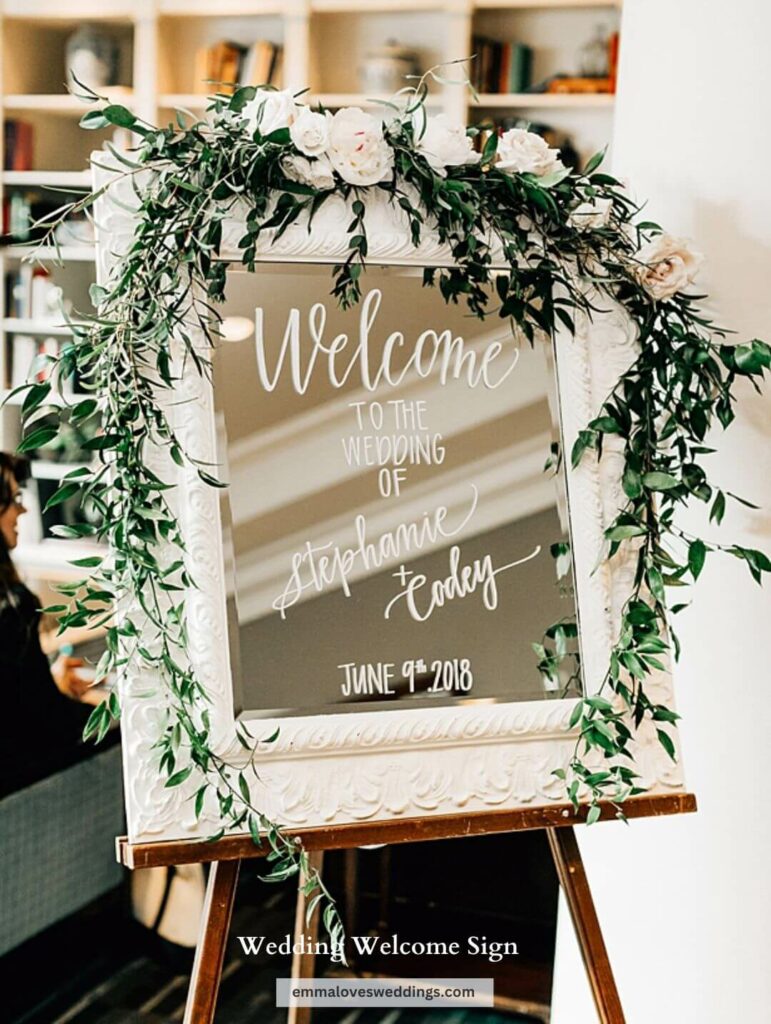 White letters on a romantic welcome sign made of the mirror