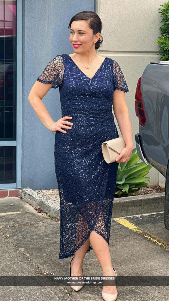 With this navy mother of the bride sequin dress stand out from the crowd.