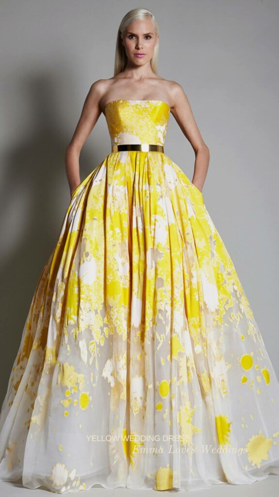 Yellow water color ballgown for a chic bride