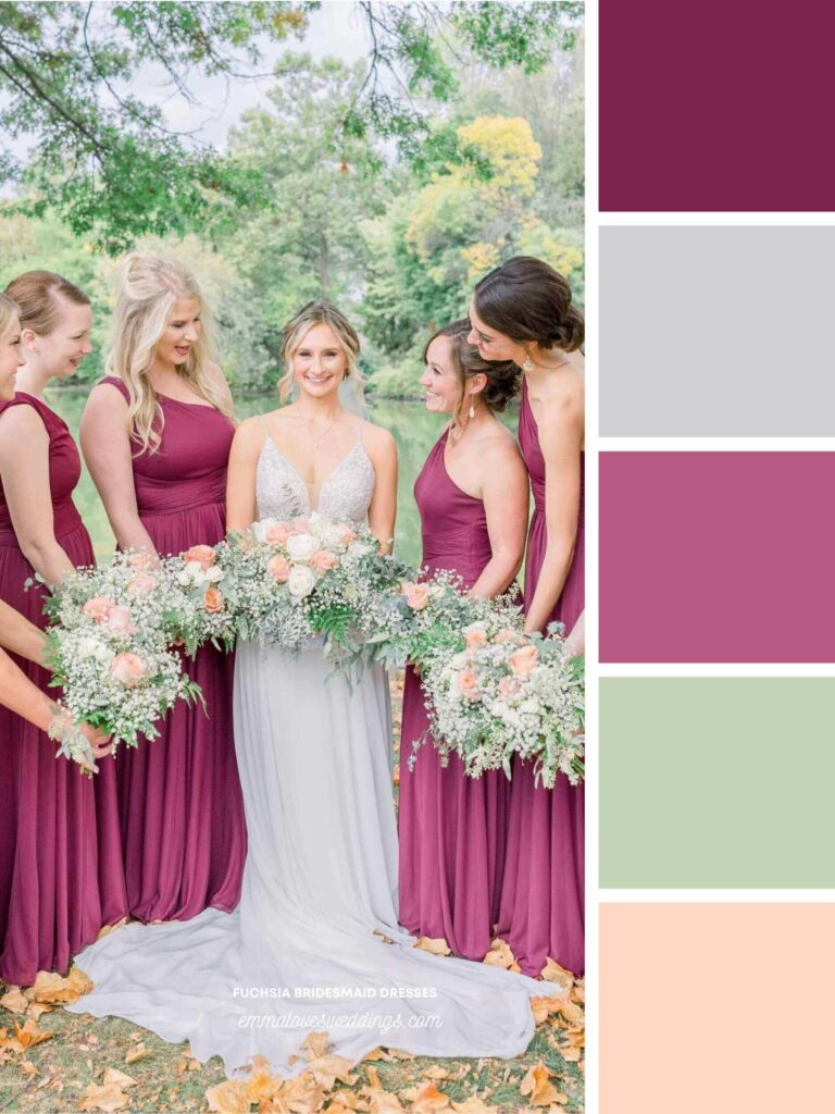 Your stunning wedding dress will get more attention if your bridesmaids wear these rich fuchsia colors