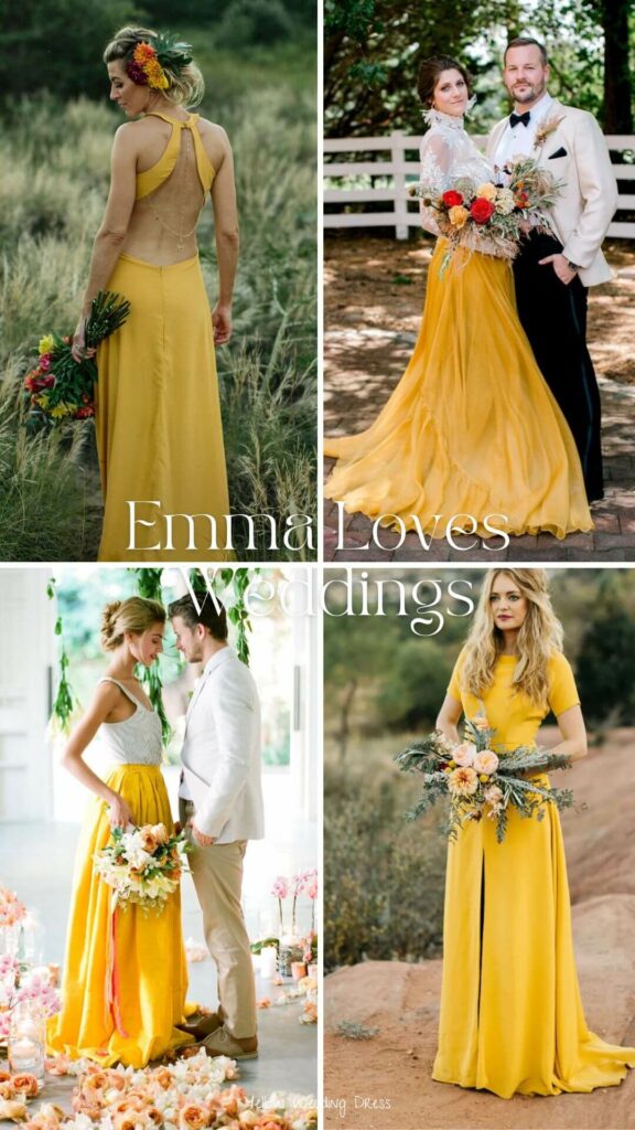 a beautiful yellow wedding dress with a delicate neckline an unique idea for a bohemian wedding