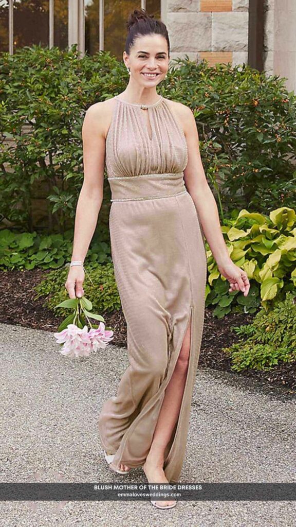A keyhole accented high neck a line blush mother of the bride dress
