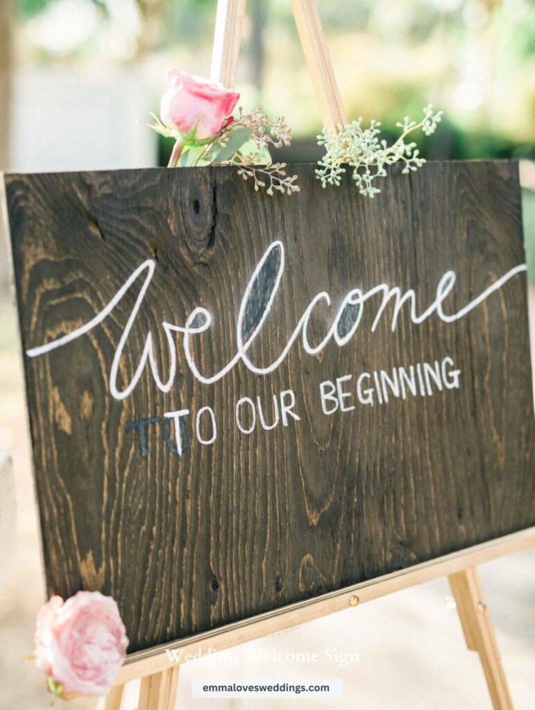a stunning wooden welcome sign for the wedding to adorn the reception