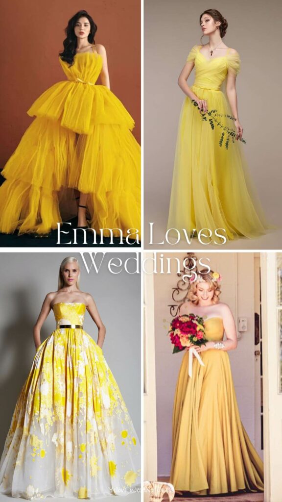 an eye popping yellow A line wedding dress with floral embellishments