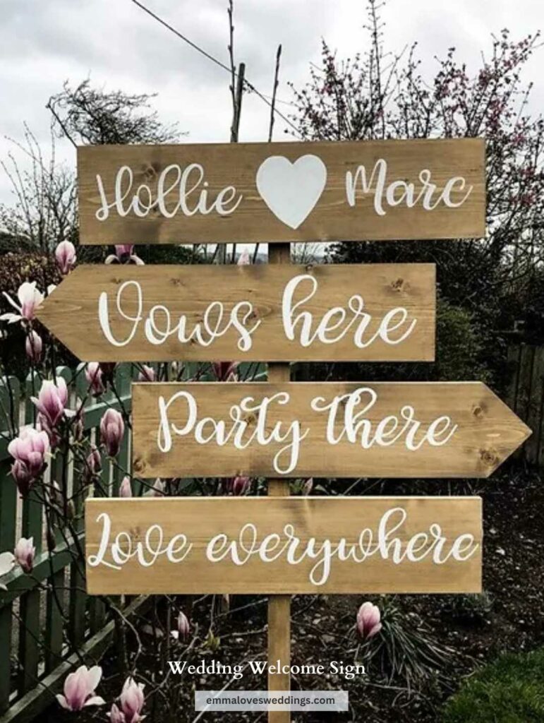 wooden signage with whimsical inscriptions for a wedding