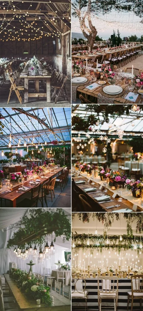 A terrific idea for the reception's outdoor wedding decor is string lights which give off a whimsical vibe.