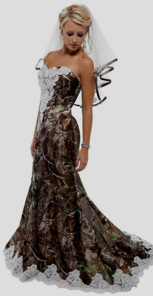 Affordable lace adorned camo mermaid bridal gown