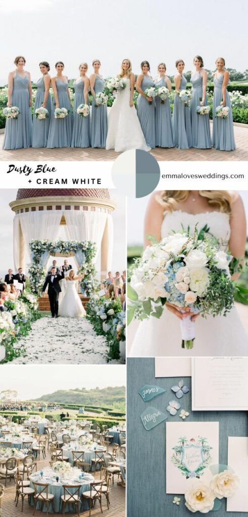 Dusty blue and cream make gorgeous fall wedding colors for September weddings, whether they are indoor or outdoor.