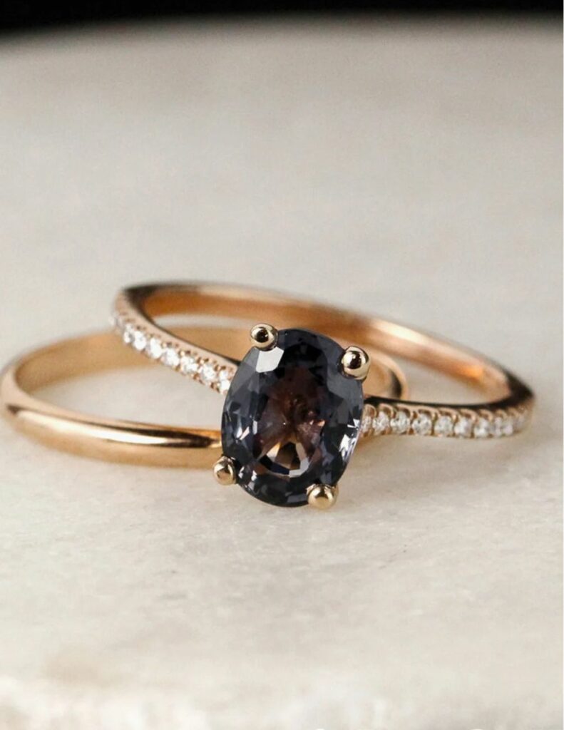 Engagement ring set with a natural smokey grey spinel and a wedding band with a comfort fit