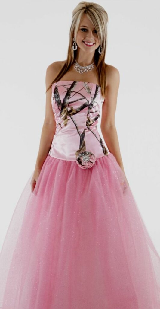 Gorgeous ballgown pink camo wedding dress with glitter net.
