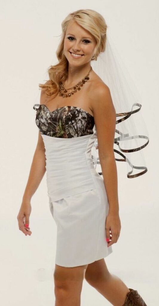 It's the perfect casual wedding dress a short camo dress with a veil.