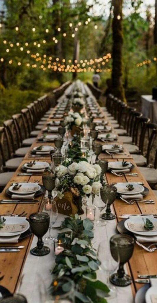One elegant idea for an outdoor wedding reception is to use floral or leaf centerpieces made from natural elements.