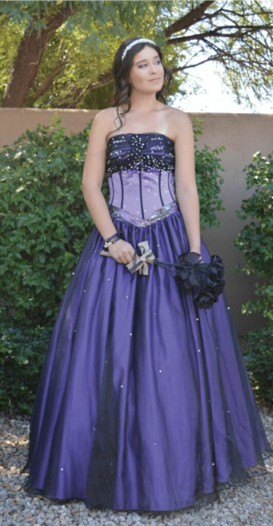 Purple camo strapless ball gown with a full organza skirt and corset back.