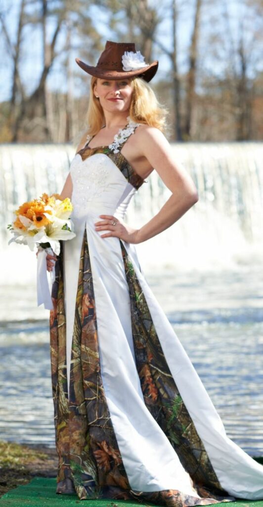 Satin and camo wedding dress in a western style without sleeves.
